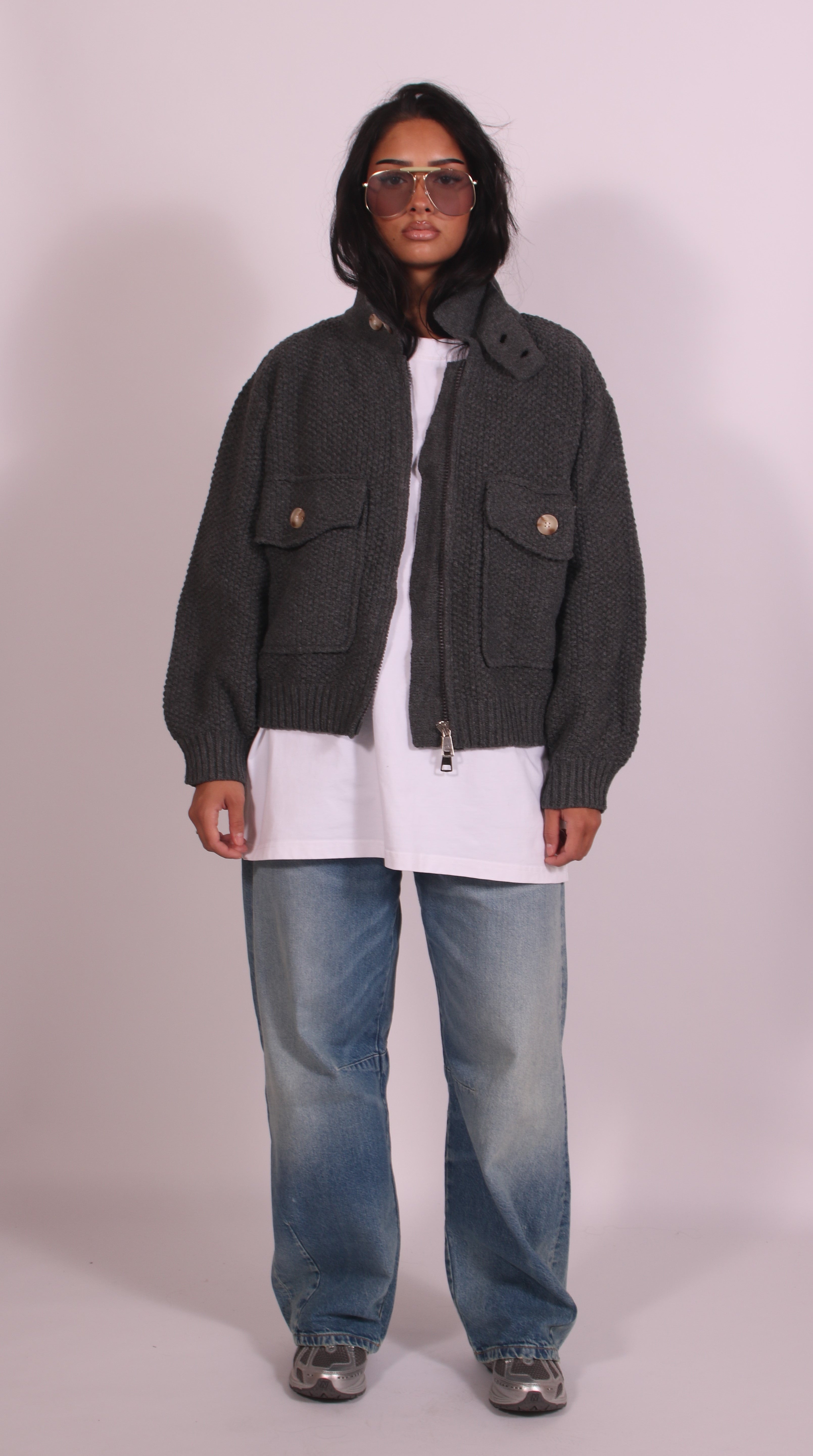 Heavyweight crochet bomber Grey