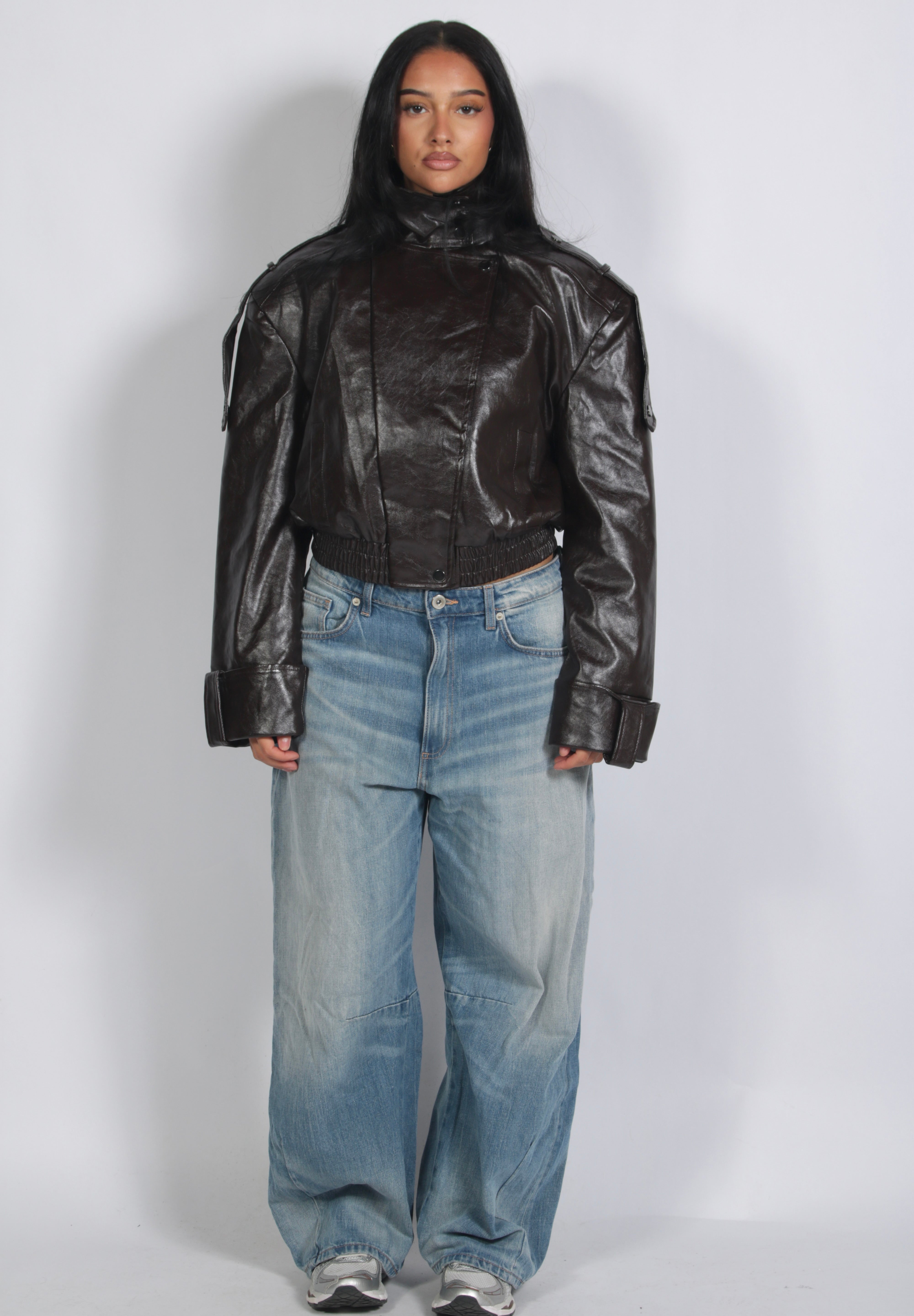Padded leather jacket Brown