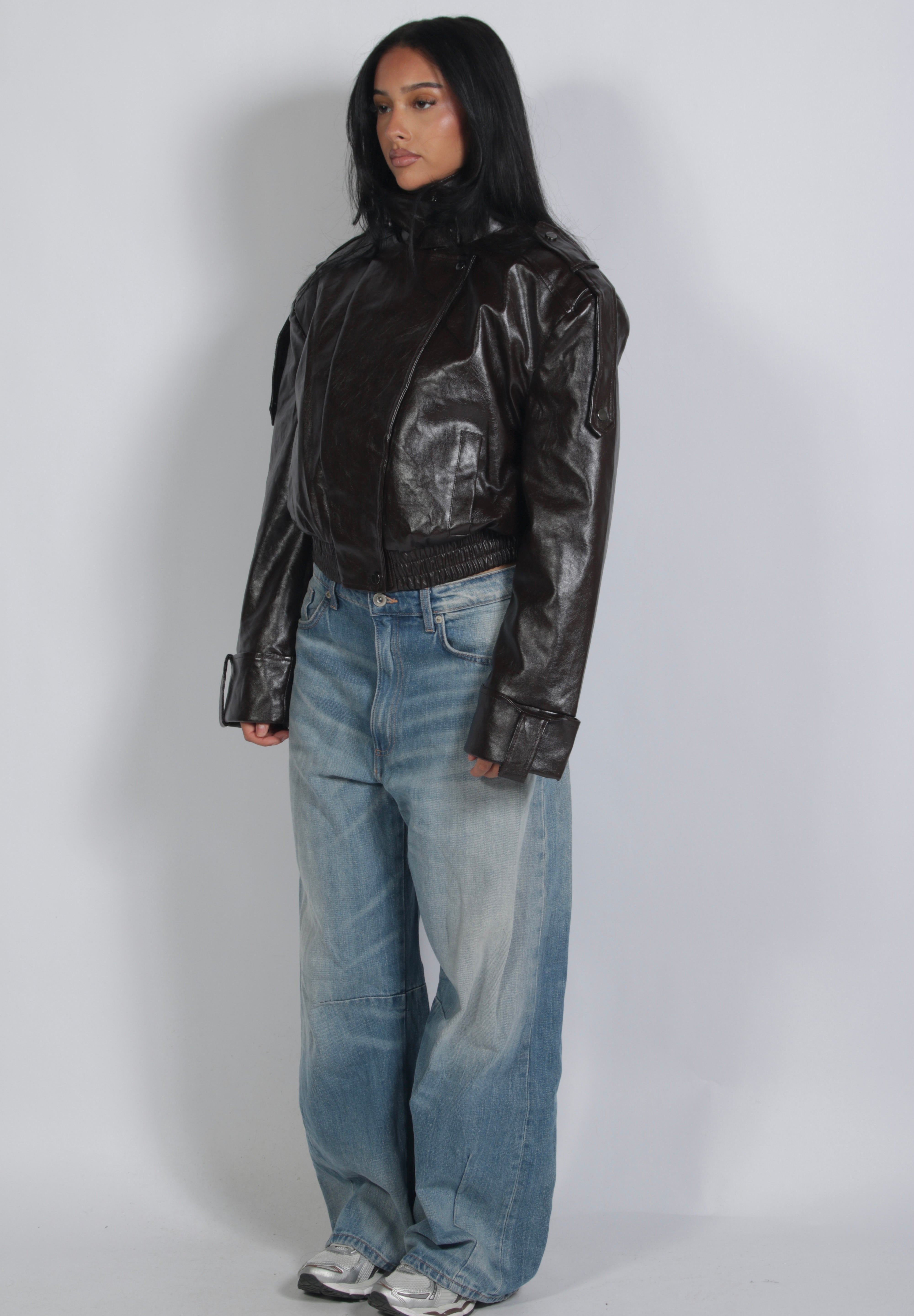 Padded leather jacket Brown
